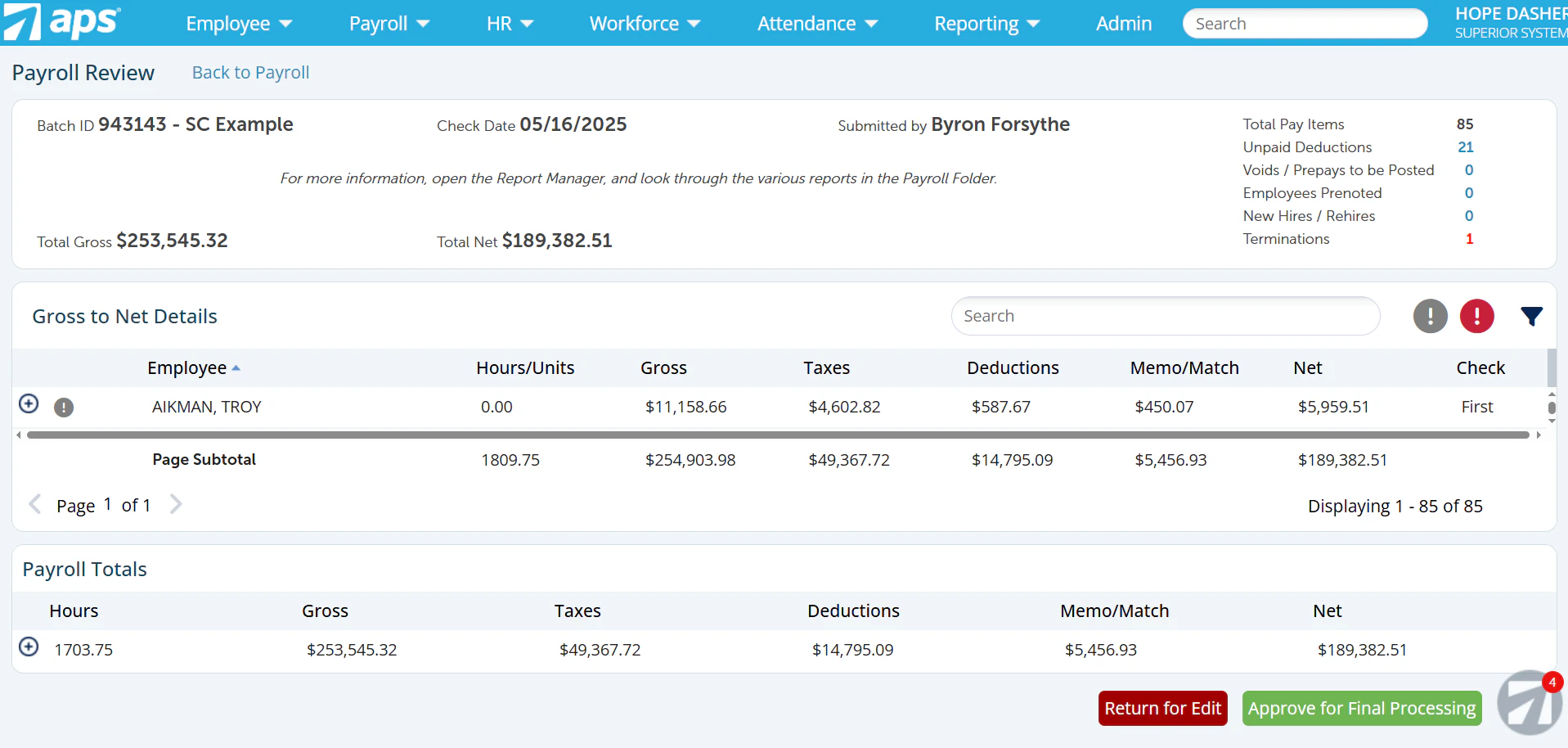 screenshot of APS Payroll